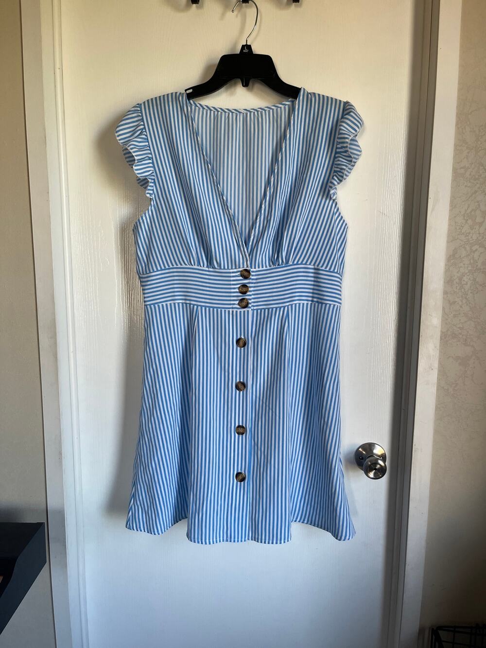 SHEIN Blue & White Striped Mini Dress XL - Flutter Sleeve V-Neck Button Front